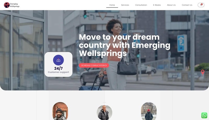 Emerging Wellsprings website homepage — move to your dream country