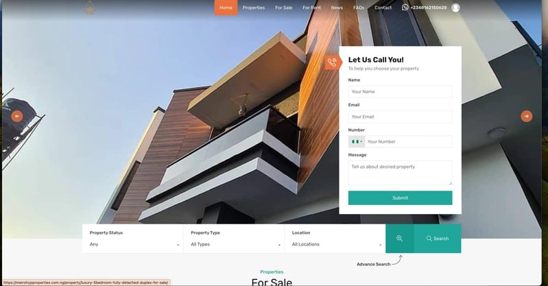 MetroHyp Properties website — property listings for sale and rent